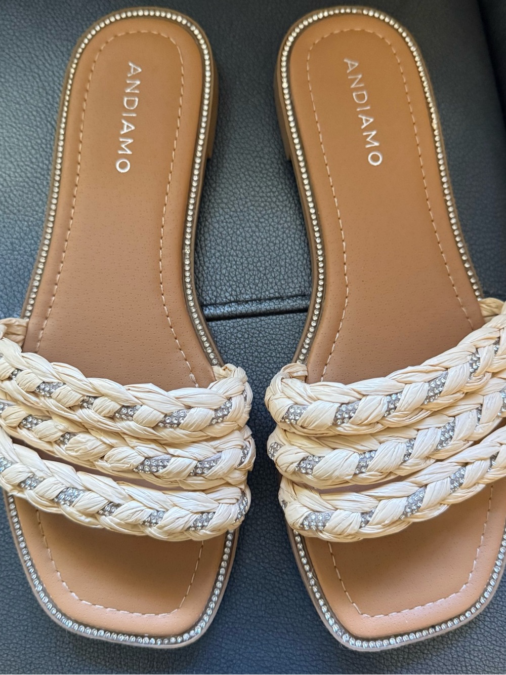 Andiamo Women's Cream Braided Slide Sandals with Metallic Accent